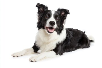 Fototapeta premium Beautiful black and white Border Collie, laying down side ways, mouth slightly open, looking towards camera, isolated on a white background , ai