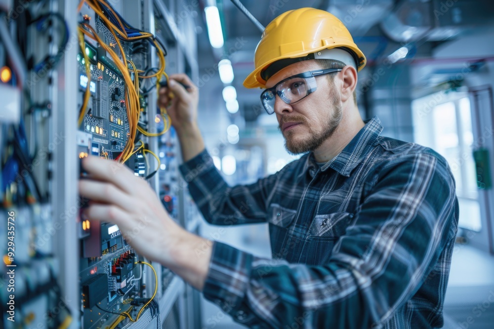 Poster a person in a hard hat checking and maintaining equipment