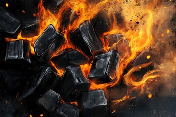 Charcoal For Barbecue Background With Flames, ai
