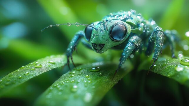 hyperrealistic closeup of synthetic grass blades intertwined with miniature robotic insects blending nature and technology in a harmonious microecosystem