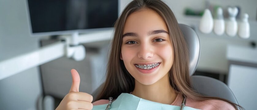 Happy female patient with braces on teeth sitting in dental chair, smiling and showing thumbs up after treatment at modern dental clinic. Dentistry, medicine and healthcare concept