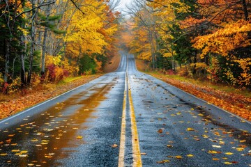 Fototapeta premium A picture of a wet road with yellow leaves on the side, ideal for use in travel or environmental themed projects