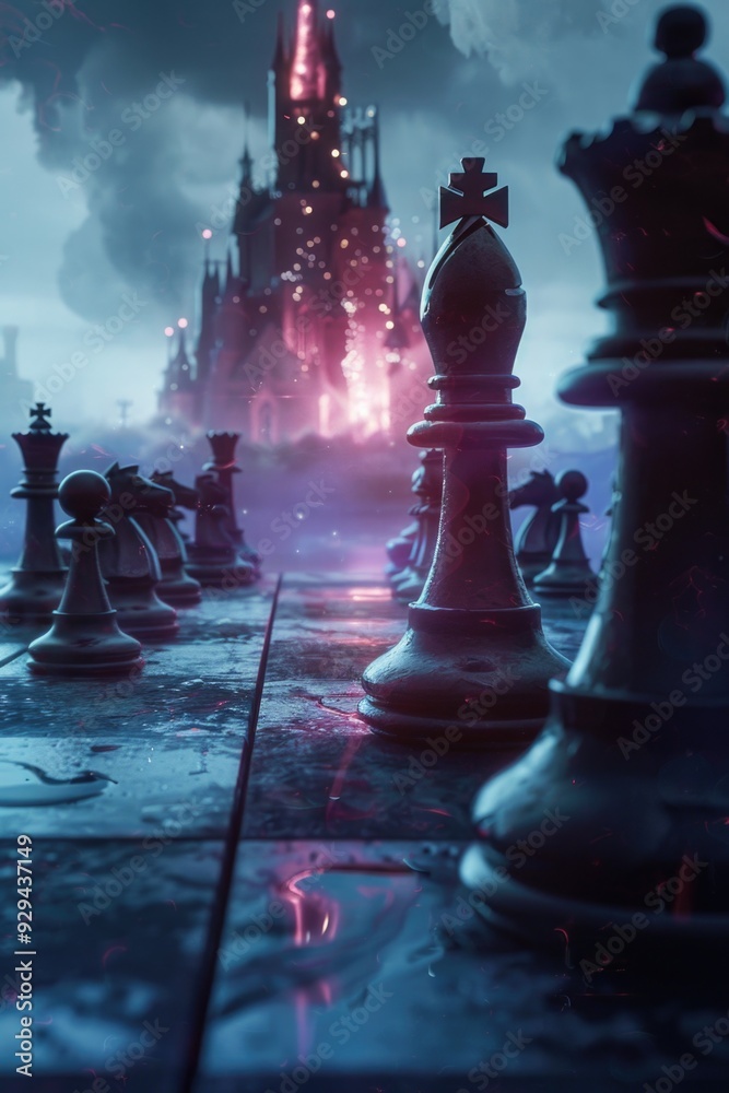 Poster a chess board with a medieval castle as a backdrop, ideal for depicting strategy and competition