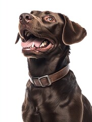 Fototapeta premium Chocolate labrador retriever dog wearing a collar sitting and looking up panting with mouth open , ai