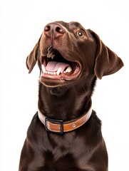 Fototapeta premium Chocolate labrador retriever dog wearing a collar sitting and looking up panting with mouth open , ai
