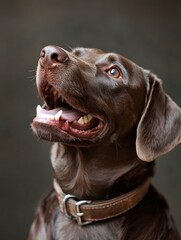 Chocolate labrador retriever dog wearing a collar sitting and looking up panting with mouth open , ai