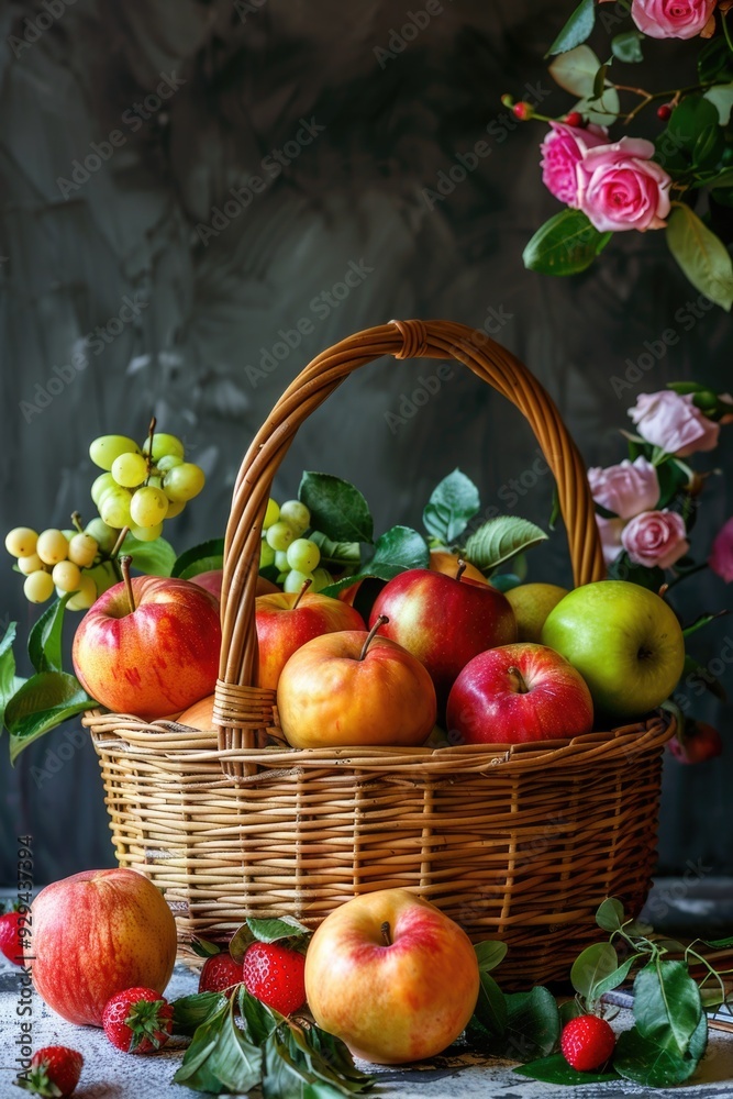 Poster A colorful arrangement of various fruits in a woven basket, perfect for still life photography or advertising healthy eating