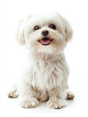 Cute Maltese dog panting, sitting and looking at the camera, Isolated on white , ai