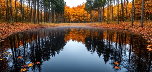 A serene autumn scene with colorful leaves reflecting in calm water, surrounded by tall trees and a tranquil atmosphere.