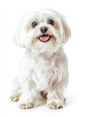 Cute Maltese dog panting, sitting and looking at the camera, Isolated on white , ai