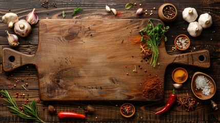 Freshly gathered spices and herbs arranged on a cutting board, ideal for culinary use