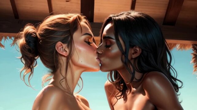 A tender moment between two women sharing a kiss, highlighting intimacy and affection.