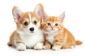 Obraz premium Cute Welsh corgi puppy and a red kitten sit together on a white background. isolated on a white background , ai