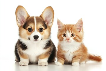 Obraz premium Cute Welsh corgi puppy and a red kitten sit together on a white background. isolated on a white background , ai