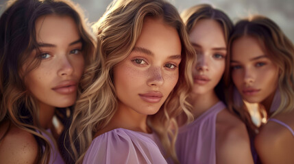 Obraz premium Close-up of beatiful girls in purple dresses showcasing their natural beauty