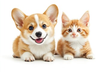 Obraz premium Cute Welsh corgi puppy and a red kitten sit together on a white background. isolated on a white background , ai