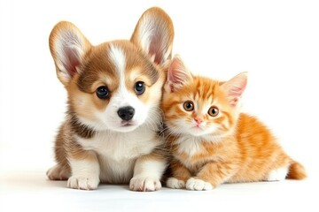 Obraz premium Cute Welsh corgi puppy and a red kitten sit together on a white background. isolated on a white background , ai