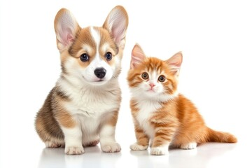 Obraz premium Cute Welsh corgi puppy and a red kitten sit together on a white background. isolated on a white background , ai