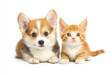 Obraz premium Cute Welsh corgi puppy and a red kitten sit together on a white background. isolated on a white background , ai