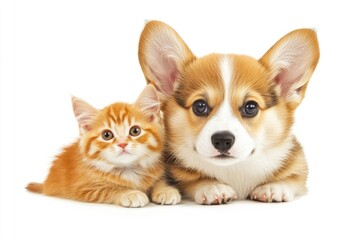 Cute Welsh corgi puppy and a red kitten sit together on a white background. isolated on a white background , ai