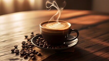 taza de café caliente, con diseño latte art, sobre un plato en una mesa de madera con granos de café a su alrededor 