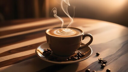 taza de café caliente, con diseño latte art, sobre un plato en una mesa de madera con granos de café a su alrededor 