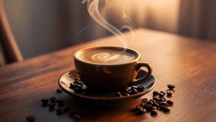 taza de café caliente, con diseño latte art, sobre un plato en una mesa de madera con granos de café a su alrededor 