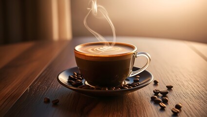 taza de café caliente, con diseño latte art, sobre un plato en una mesa de madera con granos de café a su alrededor 