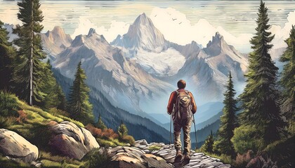 Engraved Alpine Hiking colorful Scene - A detailed engraving of a hiker standing on a rocky trail. Adventure Graphic art illustration
