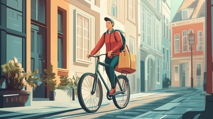 Fototapeta premium A delivery worker rides a bike down a serene street with charming architecture and light afternoon shadows
