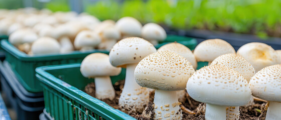 Organic mushroom farm, rows of growing fungi with copy space