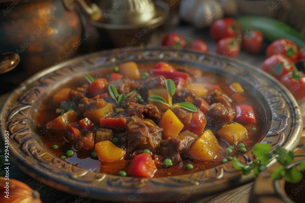 Poster A warm and hearty plate of stew with various vegetables served on a table