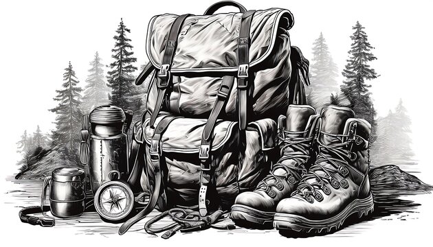 Engraved Backpacking Essentials - An old engraving-style illustration of essential camping items. Graphic art illustration isolated on white background