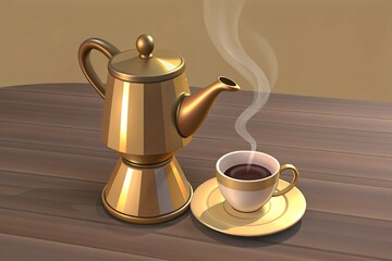 A vintage brass espresso machine on a rustic table, mid-pour into a porcelain cup, bathed in soft morning sunlight with steam rising.