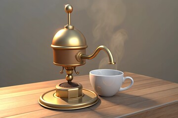 A vintage brass espresso machine on a rustic table, mid-pour into a porcelain cup, bathed in soft morning sunlight with steam rising.