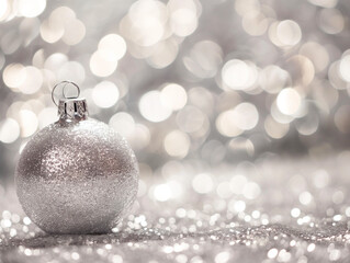 silver christmas tree decorations with bokeh