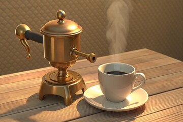A vintage brass espresso machine on a rustic table, mid-pour into a porcelain cup, bathed in soft morning sunlight with steam rising.