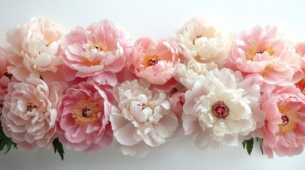 Fototapeta premium lush arrangement of pink and white peonies in full bloom petals unfurling against stark white background