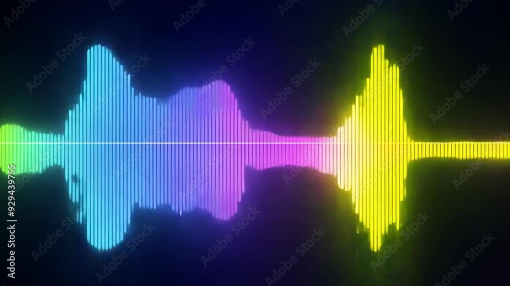 Poster A vibrant audio waveform displays varying frequencies and amplitudes in bright colors against a dark backdrop, illustrating sound dynamics.