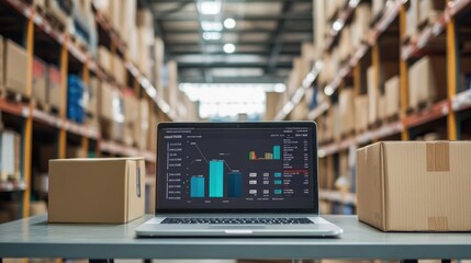 Naklejka premium Flat lay of a desk with a laptop displaying product stock levels, emphasizing inventory control.