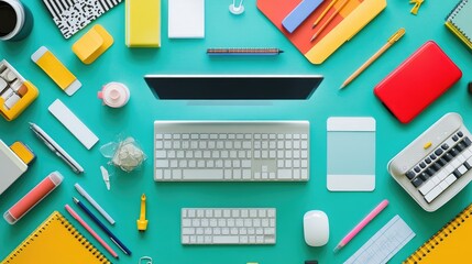 Flat lay of office supplies and a computer with product listings, representing an online business setup.