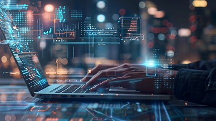 A person typing on a laptop with digital graphics overlay in a cityscape background.