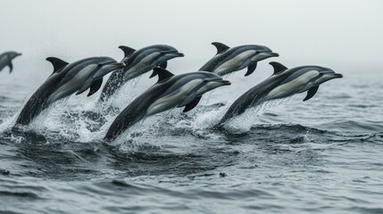 Fototapeta premium Group of playful dolphins leaping out of the water, capturing the joy and energy of these intelligent creatures.