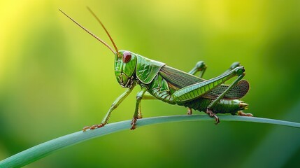 Fototapeta premium Grasshopper perched on a blade of grass, displaying its powerful hind legs and green coloration.