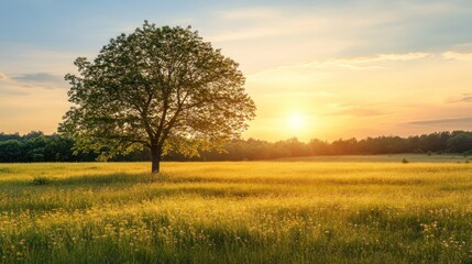 Obraz premium Solitary Tree in a Golden Field at Sunset