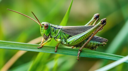 Grasshopper perched on a blade of grass, displaying its powerful hind legs and green coloration.