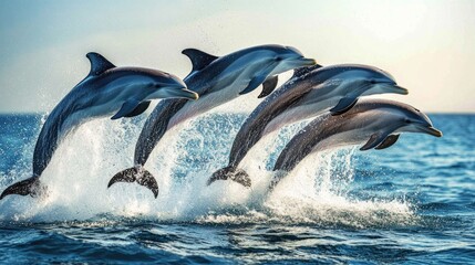 Fototapeta premium Group of playful dolphins leaping out of the water, capturing the joy and energy of these intelligent creatures.