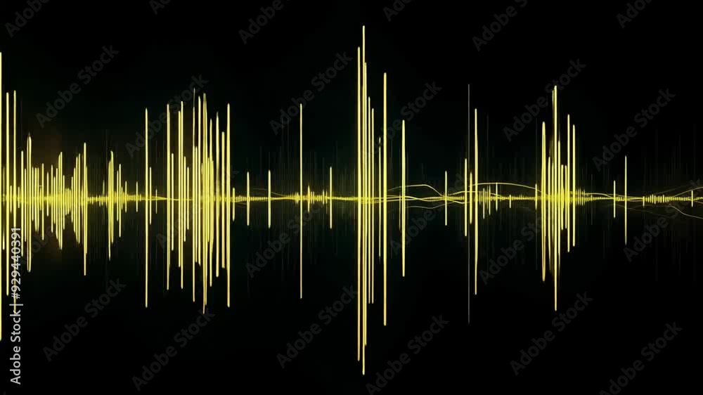 Leinwandbilder Dynamic yellow sound waves pulse across a black backdrop, representing audio frequencies in an abstract design.