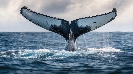 Obraz premium Humpback whale tail emerging from the water during a dive, illustrating the majesty of ocean giants.