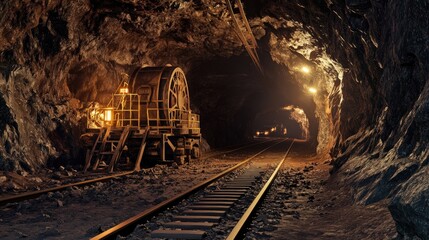 Naklejka premium Image of a coal mine with mining equipment and tracks, no personnel visible.